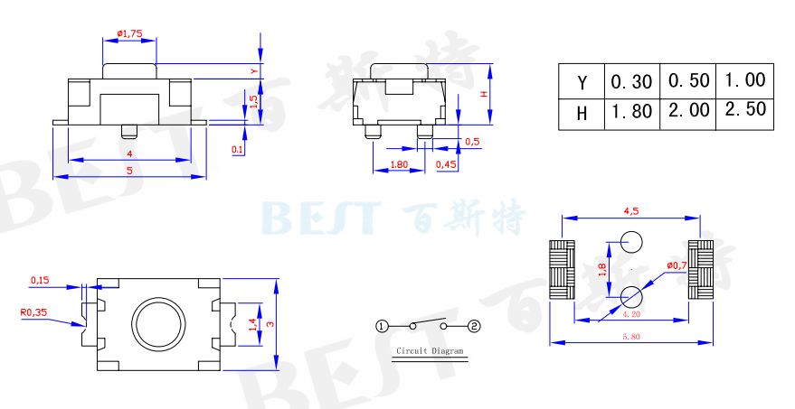 輕觸開關3×4_TS-1185E_參考圖紙