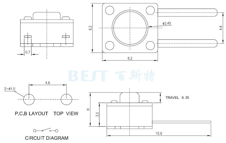 貼片輕觸開關6*6_TS-1109C_參考圖紙